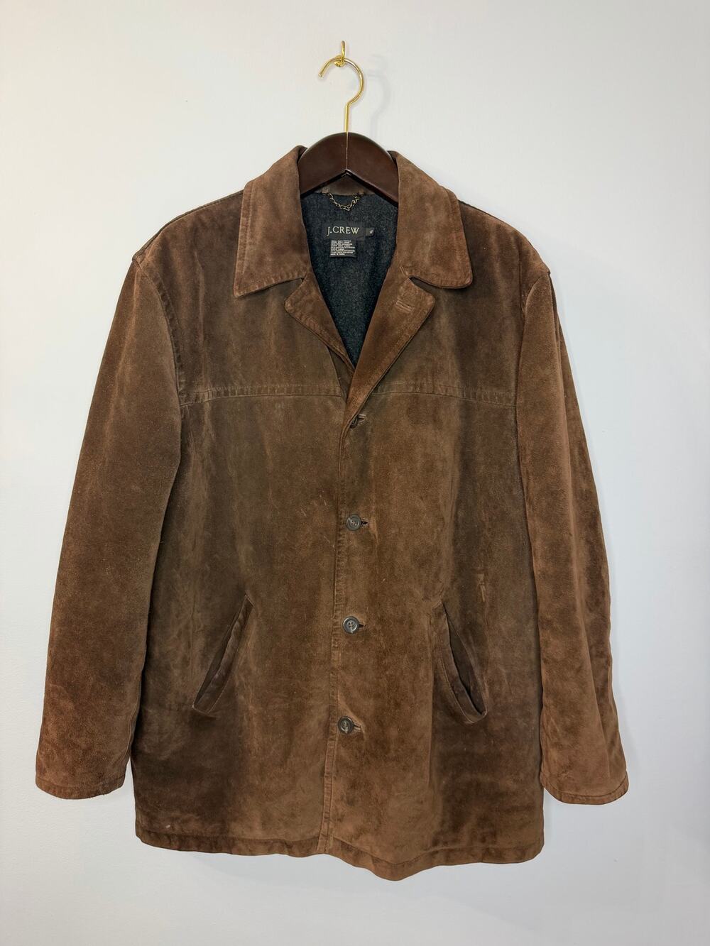 J CREW VGT 90's Suede Leather Jacket Lined Coat Button Down Wool Lining Brown XL